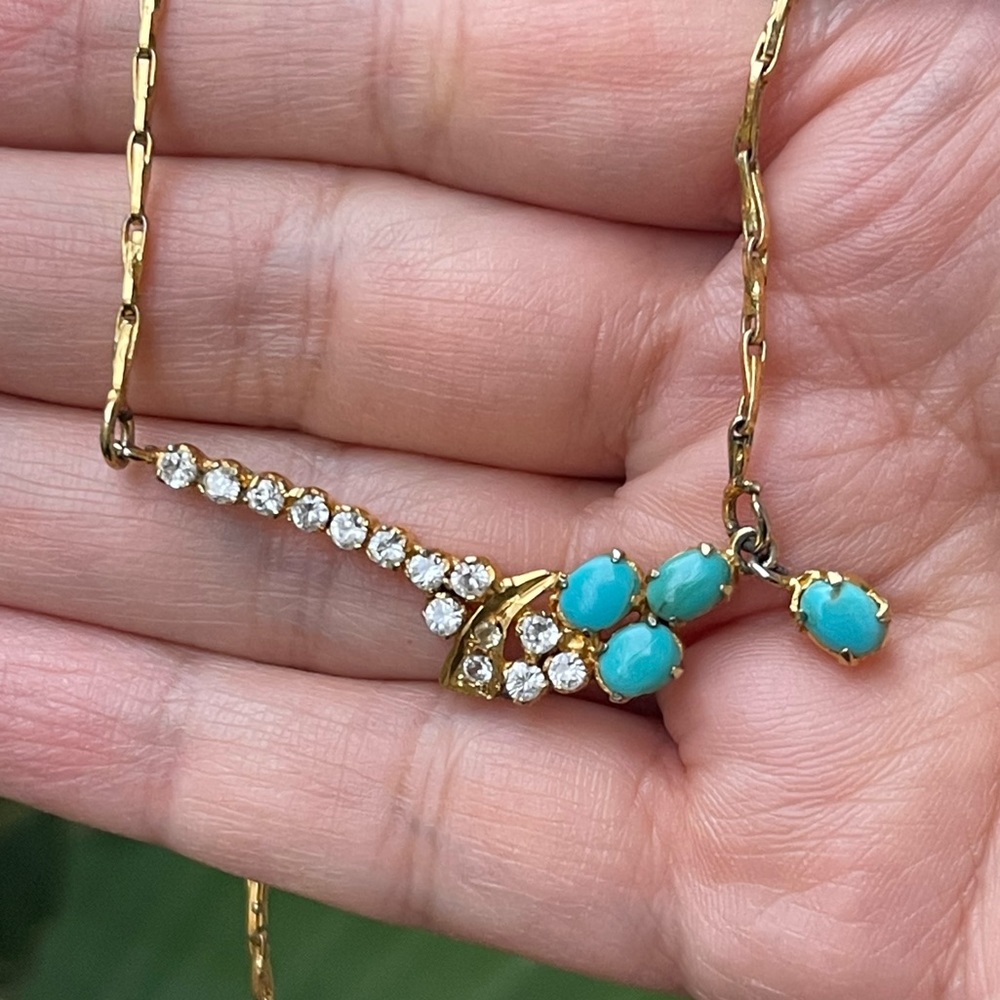 Antique natural robins egg turquoise diamanté gold tone necklace